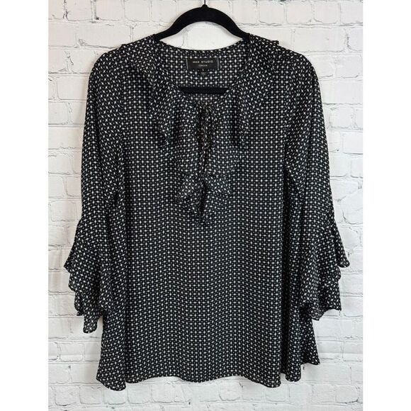 MAX STUDIO black white 3/4 flounce sleeve frill swing blouse top size S - Picture 1 of 10